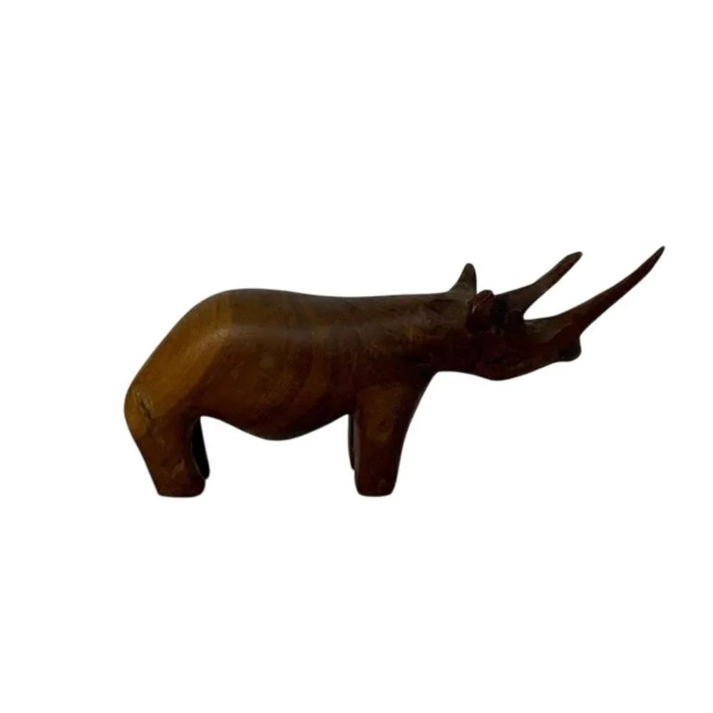 Wooden African Rhinoceros Figurine Hand Carved Solid Wood